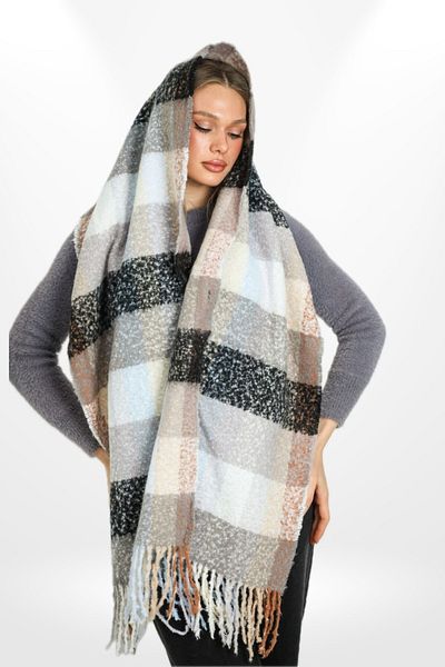 hijabchi Şal cu umăr gros cu textura moale, cu imprimeu în carouri şi ciucuri - negru/crem/gri