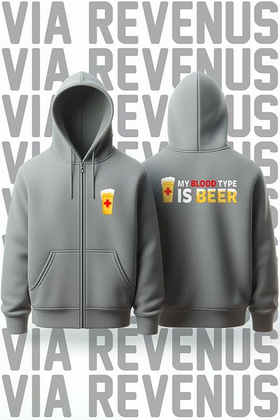 Vordevia My Blood Group Beer Front and Back Printed Unisex Zippered Hooded Gray Sweatshirt Cardigan