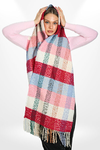 hijabchi М'яка текстура з бахромою, смугастий картатий візерунок, товстий плечовий шарф-хустка - синій - пудровий - кремовий