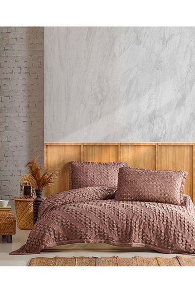 Şaheser Enza Beige Double Bedspread Set - 100% Jacquard Cotton