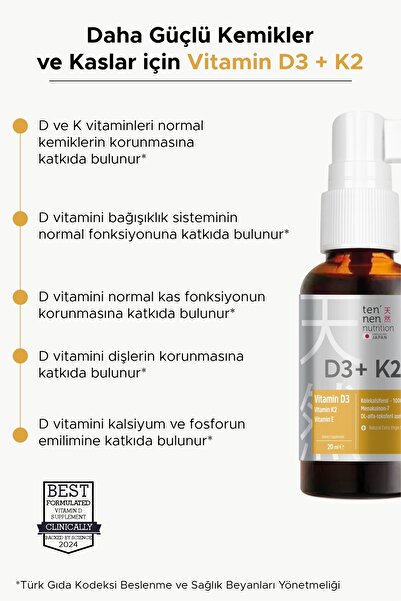 Tennen Nutrition Vitamin D3 K2 1000 IU, Vitamin E, Zeytinyağı Sayesinde Yüksek Emilim, 20 ml