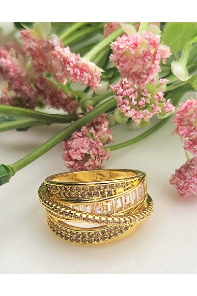 reyselstyle ALTIN KAPLAMA ZİRKON TAŞ VE BAGET TAŞLI LÜKS ÇELİK  YÜZÜK(KARARMA YAPMAZ)