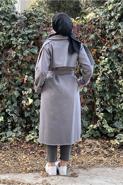 Moda Rosa 25K5326 - Gray - Gabardin Long Trench Jeans