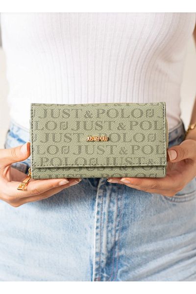 Just Polo محفظة نسائية بطبعة نصية متوسطة الحجم قابلة للطي وحامل بطاقات للعملات المعدنية
