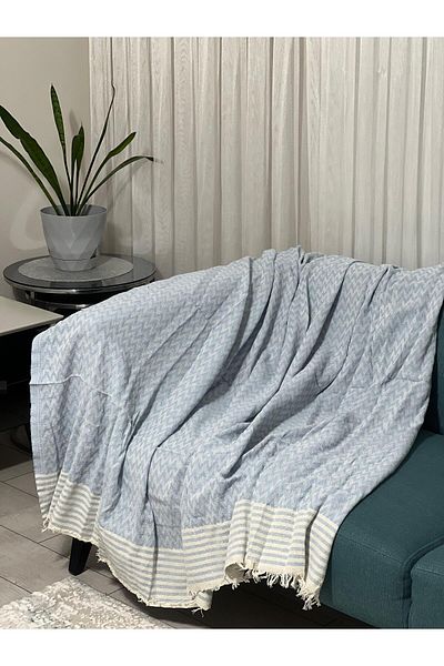 MEKA TEKSTİL 175X215 Baby Blue 100% Organic Cotton Fringed Sofa Cover