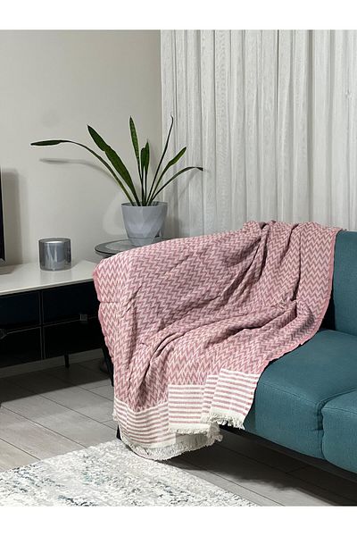 MEKA TEKSTİL 100% Organic Cotton Fringed Sofa Cover 175X215 Pink