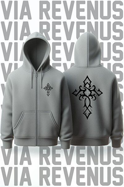 Vordevia سويت شيرت رمادي بغطاء للرأس للجنسين - صليب مطبوع من الأمام والخلف، س...