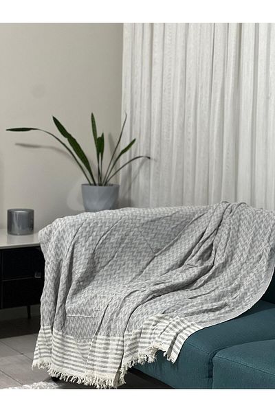 MEKA TEKSTİL 100% Organic Cotton Fringed Sofa Cover 175X215 Gray