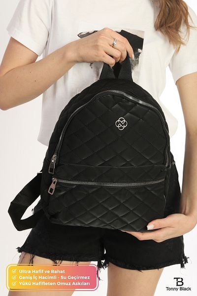 Tonny Black Original Women's Waterproof Quilted with Adjustable Strap School Course Sports Daily Backpack for Business