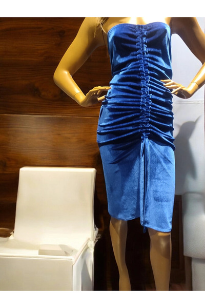 modayiğit Parlement mavisi kadın büzgü bağcıklı straplez elbise kadife
