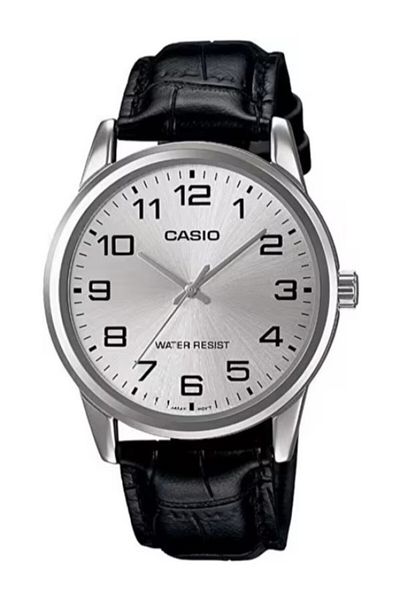 Casio ساعة يد رجالية باللون الأسود مع قرص فضي