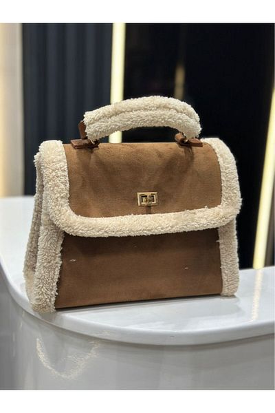 Night Geantă de mână și de umăr pentru femei Hannah Model Plush Detailed Suede Tan