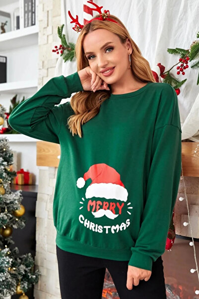 FECCY Green Merry Christmas Printed Cotton Maternity Sweatshirt - Crew Neck
