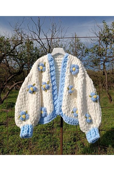 Okozturk Blue Floral Puffy Hand Knitted Cardigan Vintage and Pinterest Style