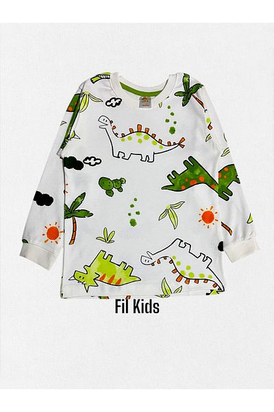 elmas kids Boy's 100% Cotton White Dinosaur Sun Palm Print Long Sleeve Winter Pajamas Set