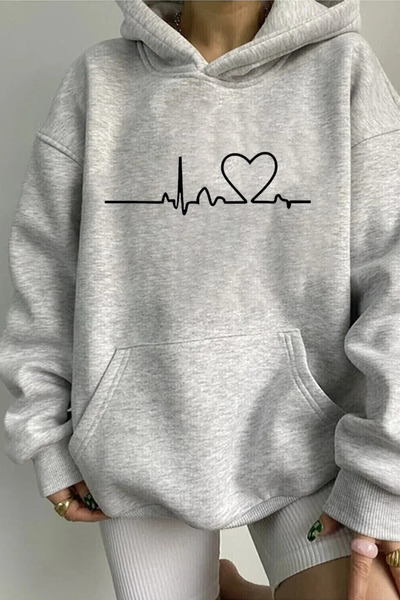 FECCY Hanorac unisex cu glugă din bumbac, imprimat cu Heartbeat