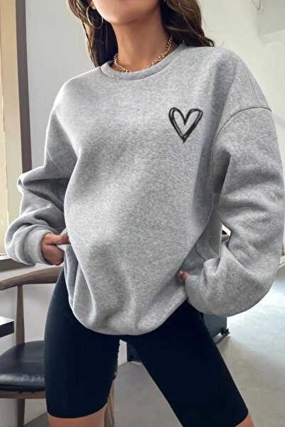 FECCY Hanorac din bumbac cu imprimeu inimă și guler tip crewneck