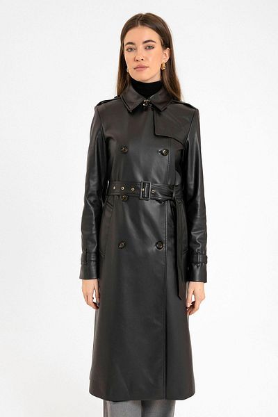 Antioch Women's Black Faux Leather Belted Trench Coat