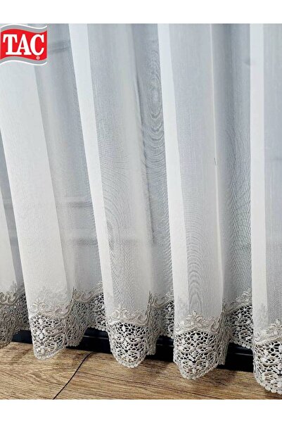 Taç Gray Silver Guipure Skirt Applique Ling 1/2 Layer Pleated Tulle Curtain