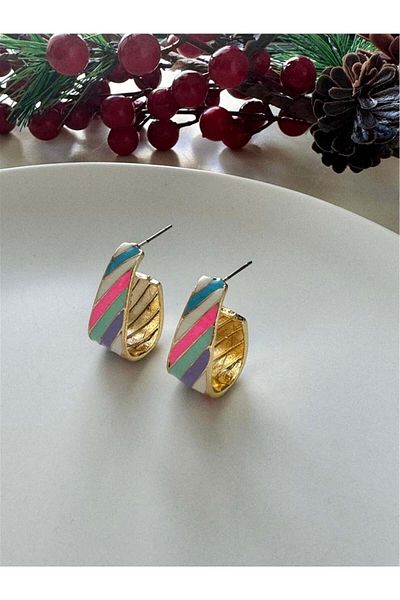 Pelin Aksesuar Pastel Striped Hoop Earrings