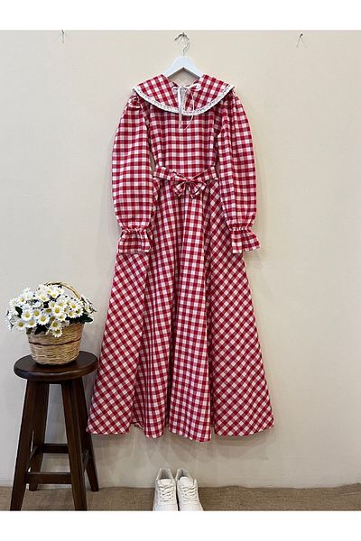 KÜÇÜĞÜM BUTİK Κόκκινο Gingham Φόρεμα με Hijab Κινητό Γιακά (ΦΟΡΕΜΑ-ΓΚΑΛΟ)