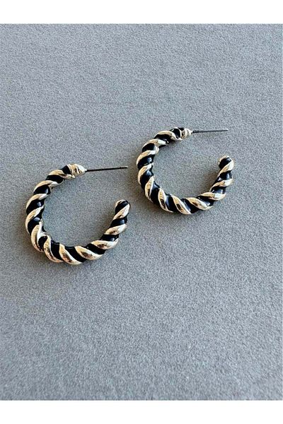 Pelin Aksesuar Black Gold Twisted Hoop Earrings
