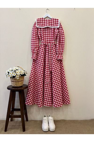 KÜÇÜĞÜM BUTİK Κόκκινο Gingham Φόρεμα με Hijab Κινητό Γιακά (ΦΟΡΕΜΑ-ΓΚΑΛΟ)