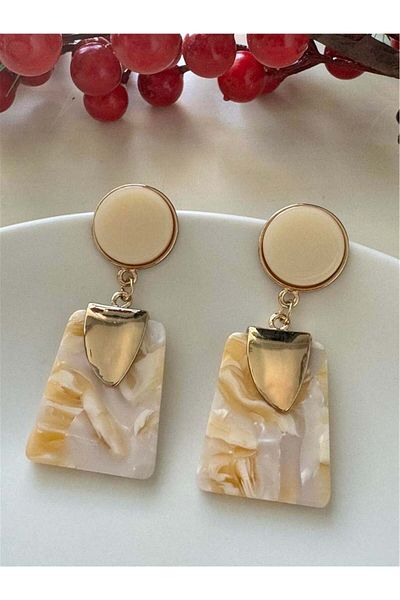 Pelin Aksesuar Cream Pearlescent Quadrilateral Earrings