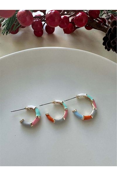 Pelin Aksesuar Pastel Enamel Triple Hoop Earring Set