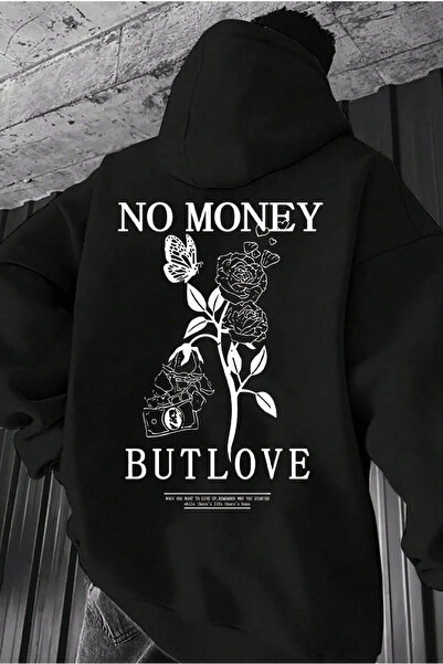 FECCY Hanorac negru supradimensionat din bumbac, cu imprimeu „no money but love”