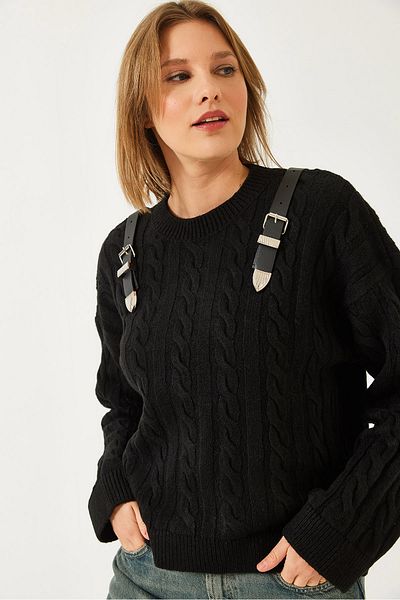 Bianco Lucci Women's Shoulder Belted Knitwear Sweater 241232 60261262