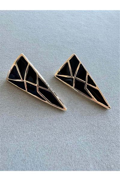Pelin Aksesuar Black Geometric Striped Triangle Earrings
