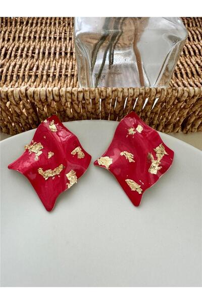 Pelin Aksesuar Kırmızı Gold Yaldızlı Dalgalı Kare Küpe