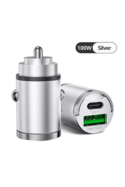 Mega Oto Market 100W Mini Silver Çakmaklık USB Type-C Soketli Araç İçi Süper Hızlı Şarj Adaptörü
