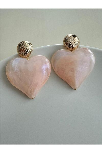 Pelin Aksesuar Powder Pink Shiny Pearlescent Big Heart Design Earrings