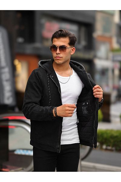 LTC Jeans Ανδρικό μπουφάν με κουκούλα Oversize Μαύρο τζιν με καπιτονέ εσωτερικά (χειμώνας)