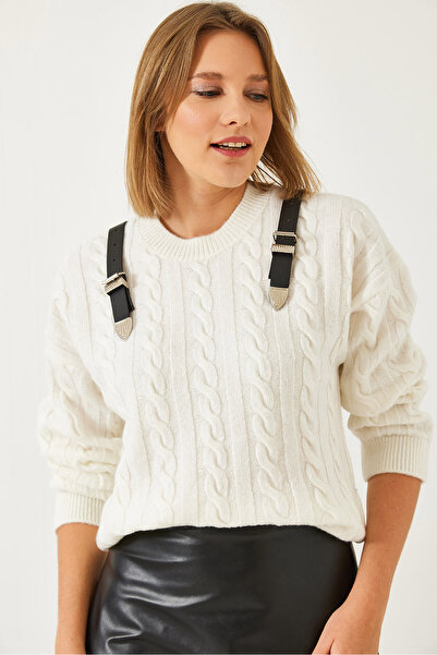 Bianco Lucci Women's Shoulder Belted Knitwear Sweater 241232 60261262