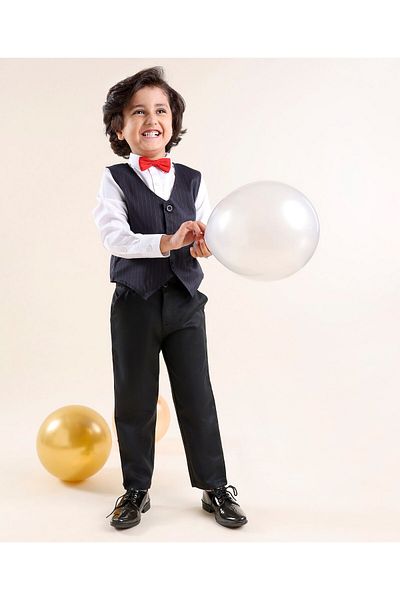 Babyhug Babyhug Woven Full Sleeves Striped Party Suit with Bow Tie - Navy & Black