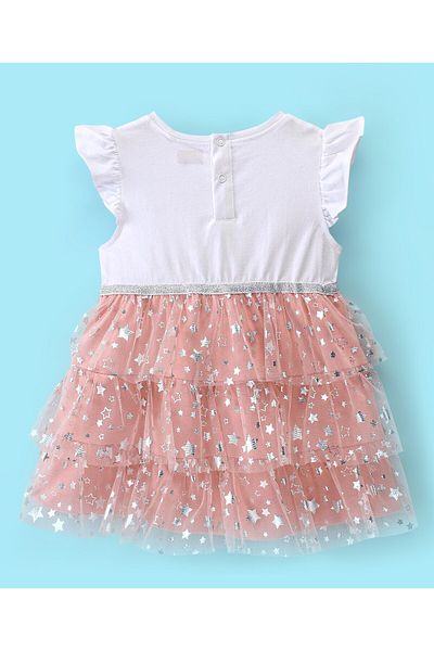 Babyhug Babyhug 100% Cotton Single Jersey Knit Half Sleeves Mesh Dress Star Print - Peach