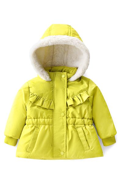 Babyhug Babyhug Full Sleeves Padded Hoodie with Frill Detailing & Kangaroo Pockets - Lime