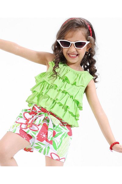 Ollington St. Ollington St. 100% Cotton Flared Layered Sleeveless Top & Floral Printed Shorts Set - Green
