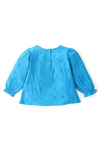 Babyhug Babyhug 100% Cotton Full Sleeves Shiffli Top with Frill Detailing - Blue