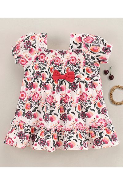 Babyhug فستان Babyhug Frock مع تطريز فيونكة وطبعة زهور - أبيض