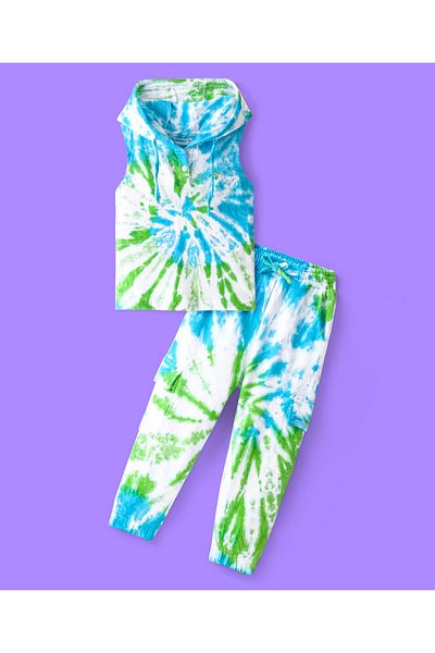 Ollington St. Ollington St. 100% Cotton Tie Dyed Co/ord Set of Sleeveless Hoodie Top & Joggers - Green & Blue