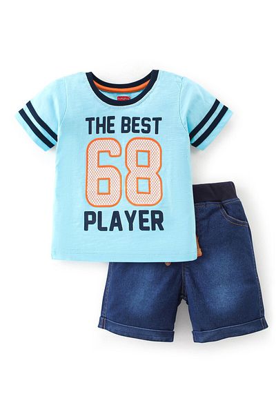 Babyhug Babyhug Single Jersey Knit Half Sleeves T-Shirt And Denim Shorts Set Text Print - Blue