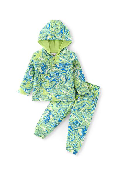 Babyhug Babyhug 100% Cotton Terry Knit Full Sleeve Tie Dyed Hooded T-Shirt & Lounge Pant Text -Green