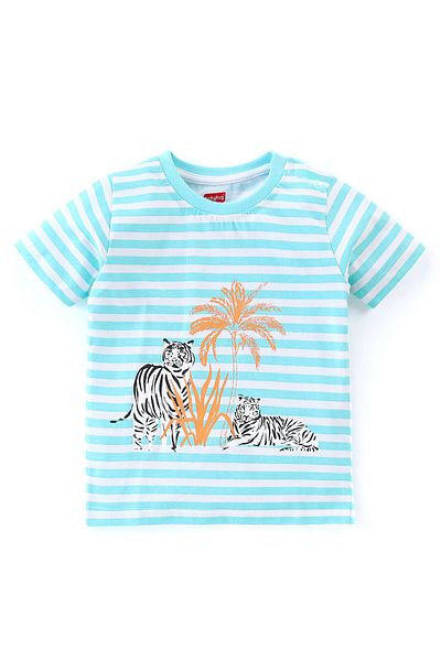 Babyhug Babyhug Cotton Knit Half Sleeves T-Shirt & Shorts With Tiger Print - Blue & Yellow