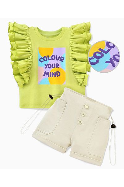 Ollington St. Ollington St. 100% Cotton Flared Sleeves Top with Chest Print & High Waist Shorts - Green & Beige
