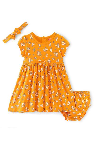 Babyhug Babyhug Cotton Knit Half Sleeves Floral Print Frock with Bloomer & Headband - Yellow