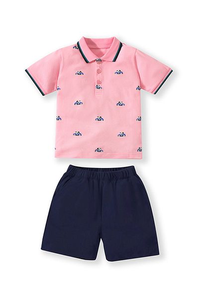 SAPS SAPS Car Print Polo Shirt & Solid Shorts Set - Pink & Blue